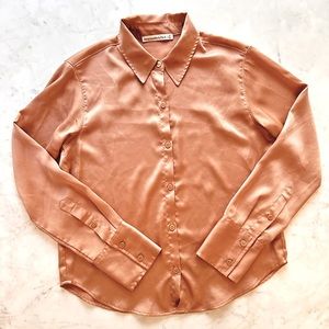 Abercrombie & Fitch Long Sleeve Satin Button Up Shirt, Light Brown, XS